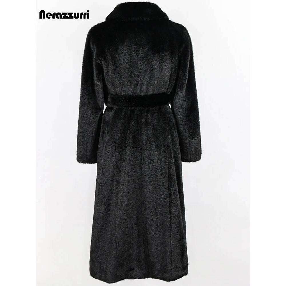 Nerazzurri Winter Long Elegant Black Fitted Thick Warm Soft Fluffy Faux Mink Fur Coat Women Sashes Turn-down Collar 2022