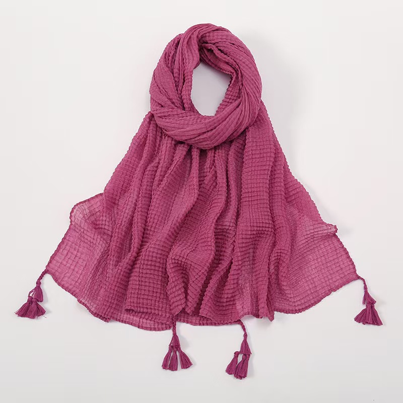 T805 pure summer popular new style solid color ethnic headscarf female classic solid color wrinkled polyester tassel scarf