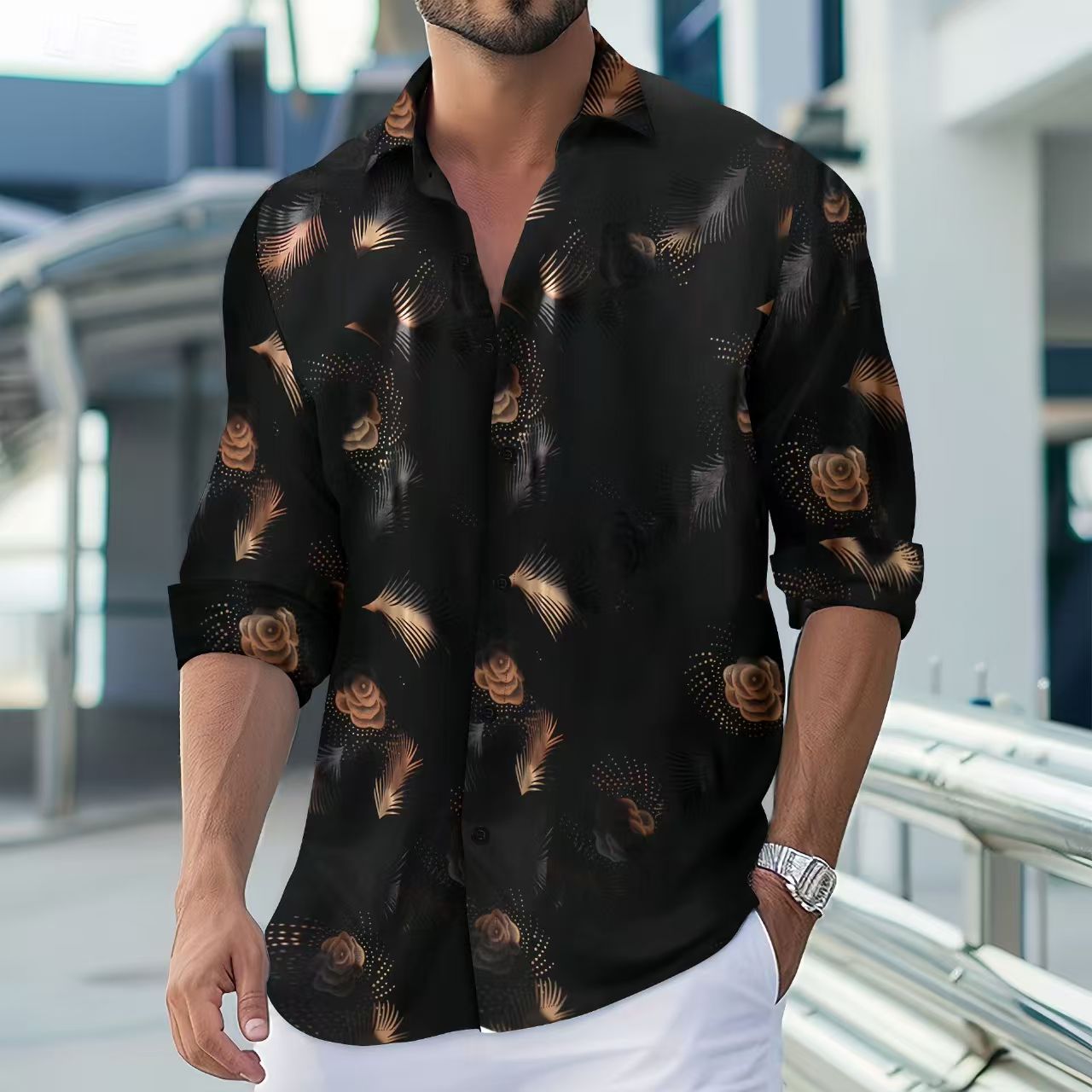 New fashion mens gold foil print casual long sleeve shirt