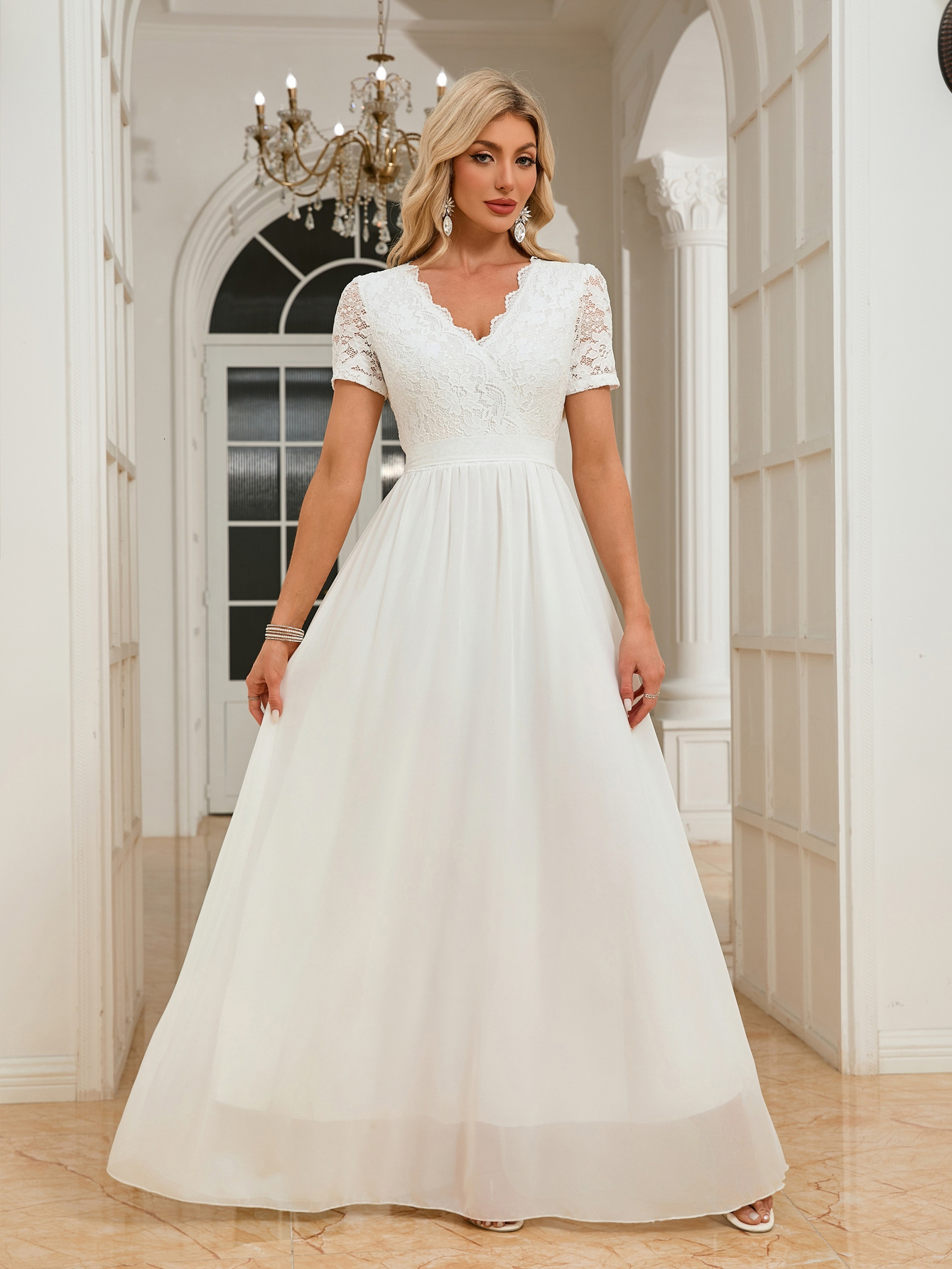 2025 lace edge splicing chiffon waist cinched long V-neck dress for wedding and evening dresses