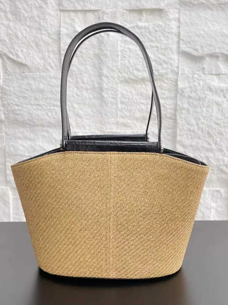 Elegant Ladies Summer New Casual Totes Handmade Straw Bag Women Holiday Beach Bucket Bag Patchwork Large Capacity Shoulder Bag W250524
