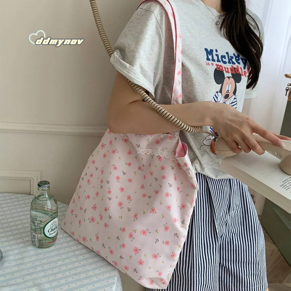 Pink Floral Canvas Shoulder Handbag Korean Travel Beach Double-sided Shopping Totes Girl Lace Underarm Bag ddmynov