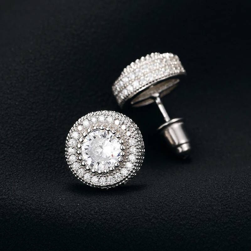 Hip Hop Micro Pave Round White Zircon Stud For Men Women Sterling Sier Rock Style Gold Iced Out Bling Earrings