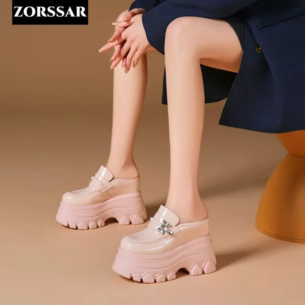 High Heels Baotou Half Slippers Womens Summer Genuine Leather Fashion Mules Shoes Thick Heel Wedges Slippers 250526BJ