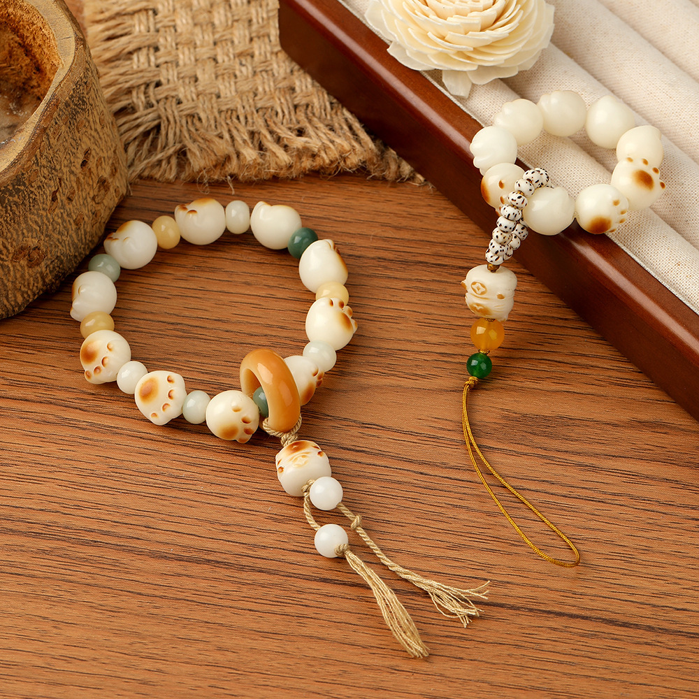 Chinese Handstring White Jade Bodhi Fortune Cat Style Bracelet Buddha Beads Cultural Toys Scenic Spots Temple