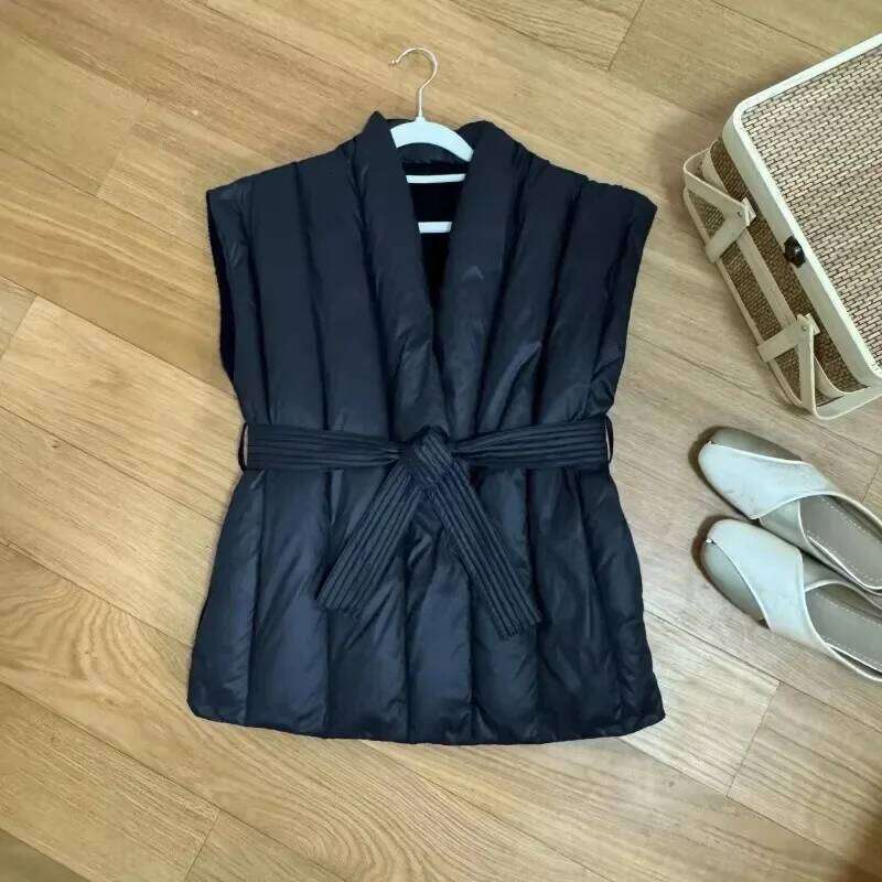 Sweet Hot Girl Knitted Splicing Vest Women's Autumn And Winter Lace-Up White Duck Down Sleeveless Coat Female Clothes