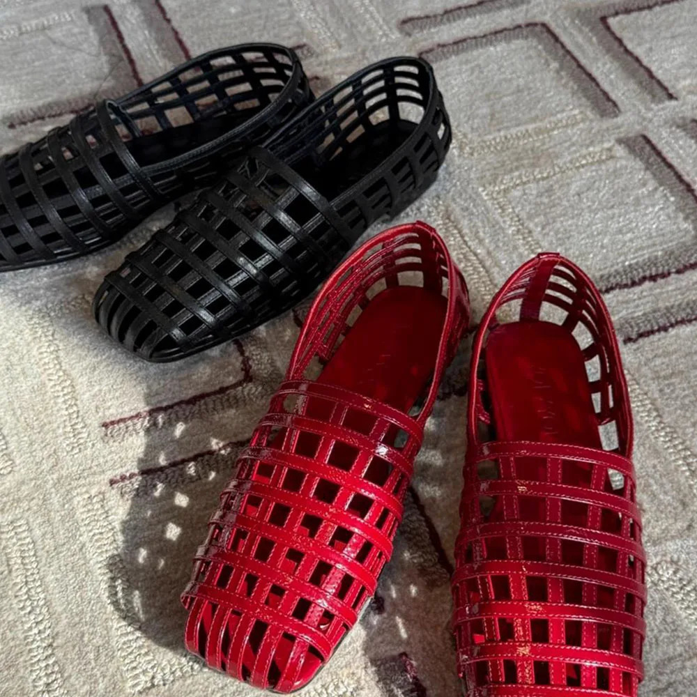 Summer Square Toe Hollow Flat Sandals For Women Breathable Slipon Walking Comfy Shoes 250526BJ