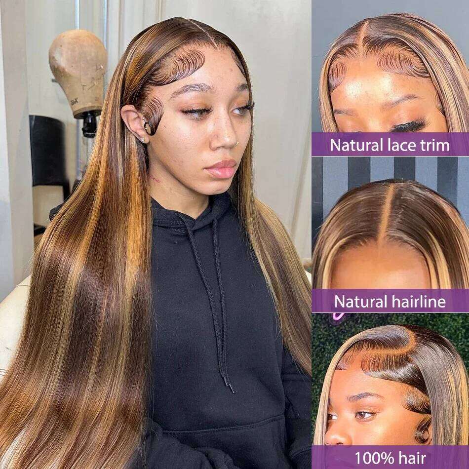 Brown P4/27 Straight 13x4 Frontal Human Hair Wigs Brazilian Highlight Colored Lace Front Wig For Women 28 30 32 34 36 Inch