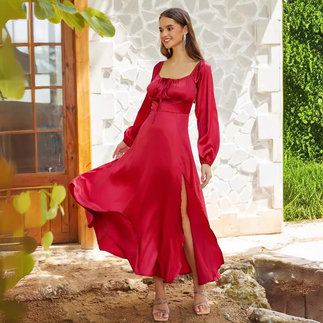 Womens new dress sexy long sleeved satin shoulder strap autumn and winter new product