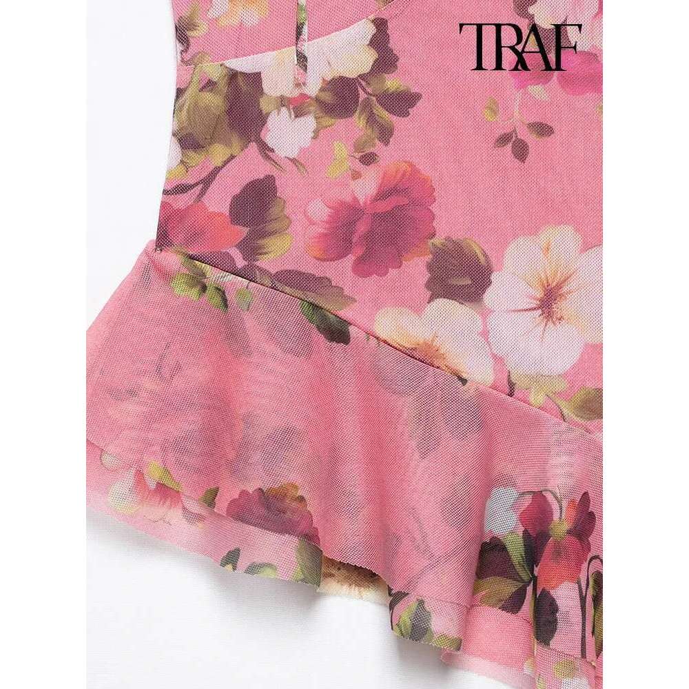 TRAF Women's Fashion Summer Tulle Floral V-Neck Spaghetti Strap Backless Asymmetric Camisole Top + High Waisted Halter Skirt Set