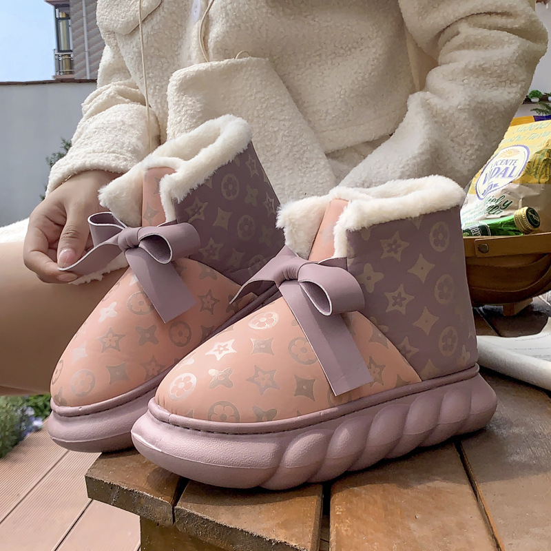 Fashionable Versatile Warm High Top Snow Boots Women Winter Outdoor Non Slip Waterproof Thick Sole Cotton Shoes with Bow Design