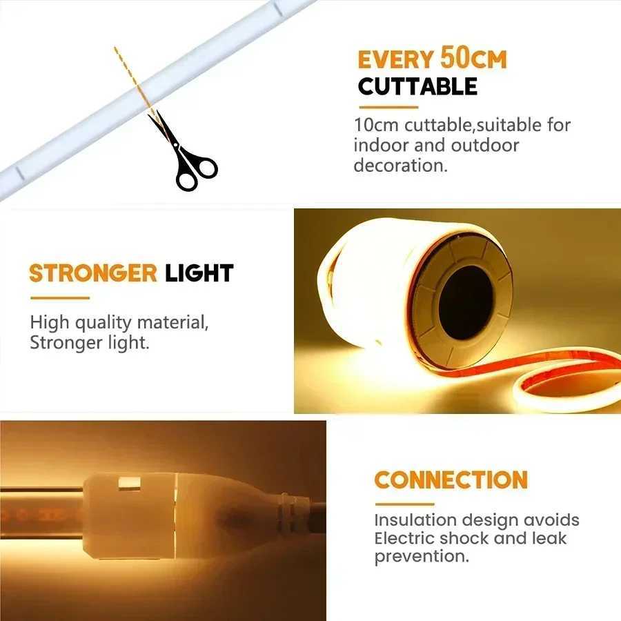 COB LED Strip 360leds/M High Bright EU Plug 220V CRI RA90 Waterproof Outdoor Garden FOB LED Tape For Bedroom Kitchen Lighting W250526