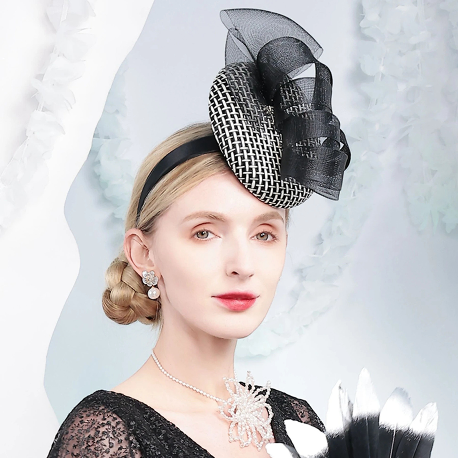 Womens Black White Mesh Fascinator Hat Headband for Church Wedding Tea Party Cocktail Bridal Hair Accessory 250520