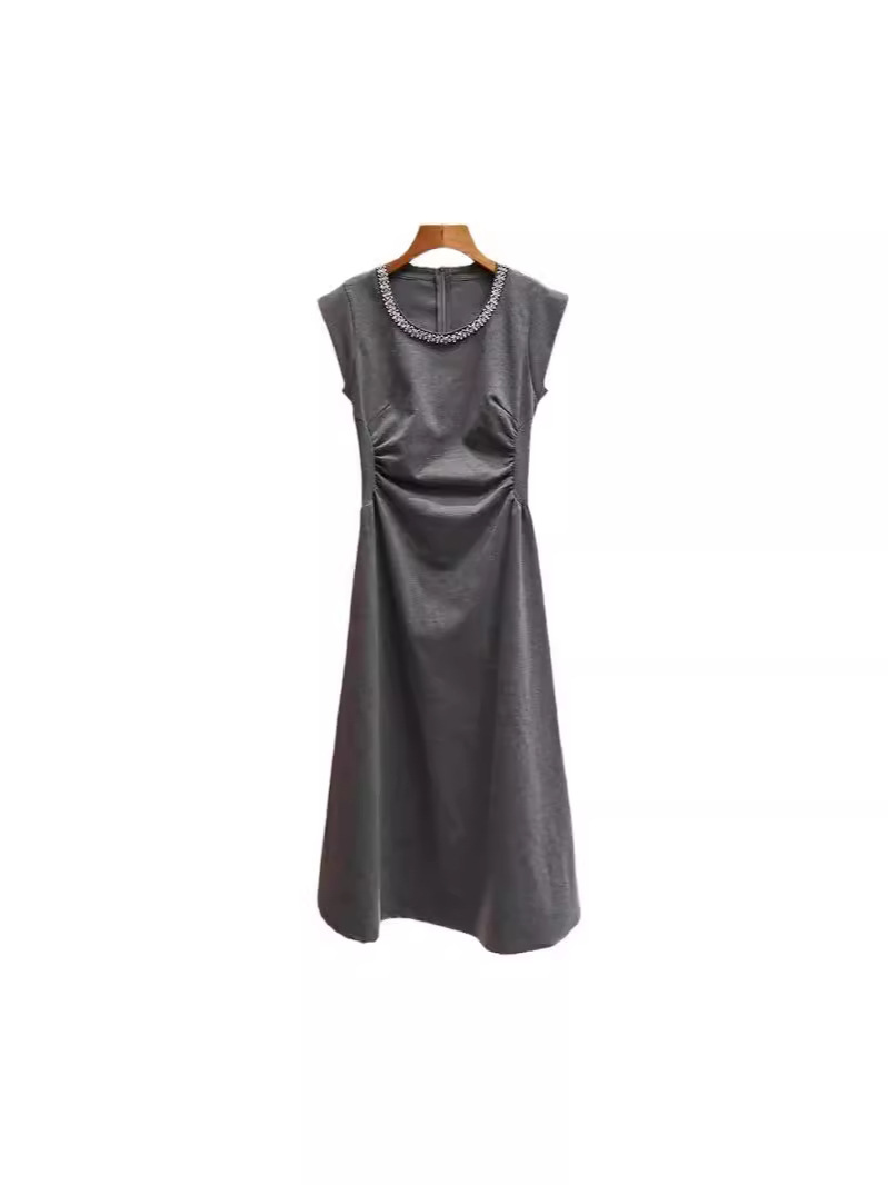 DR210 High-end women's spring and summer new French style waist pleated diamond sleeveless long dress