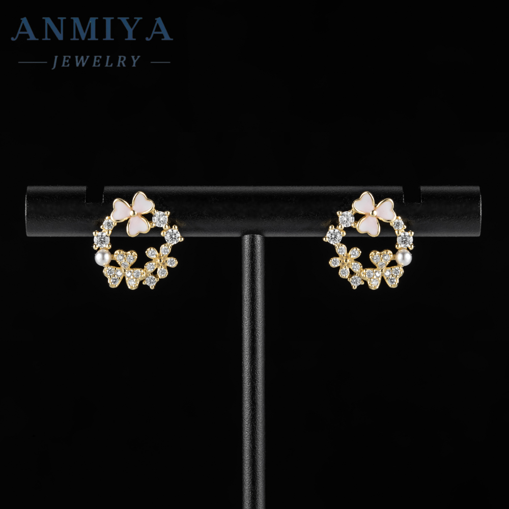 Niche 925 Sterling Silver Fashion pink Clover Pearl Zircon Stud Earrings