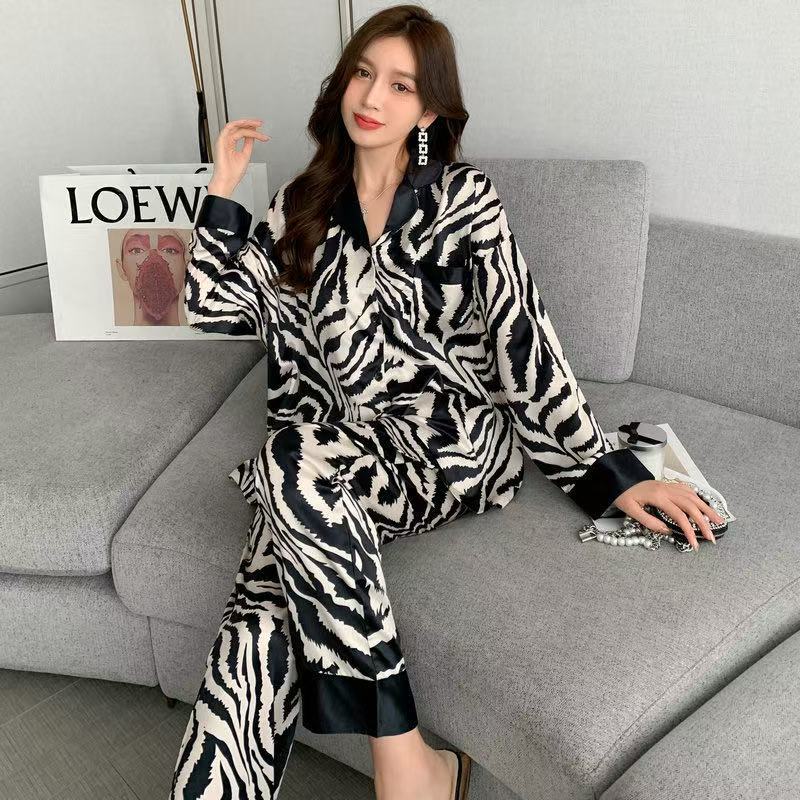 Ice Silk Pajamas Women's Long Sleeve Lace Premium Sense Two Piece Suit Sweet Homewear Love Blue Ladies Sleepwear Loungewear