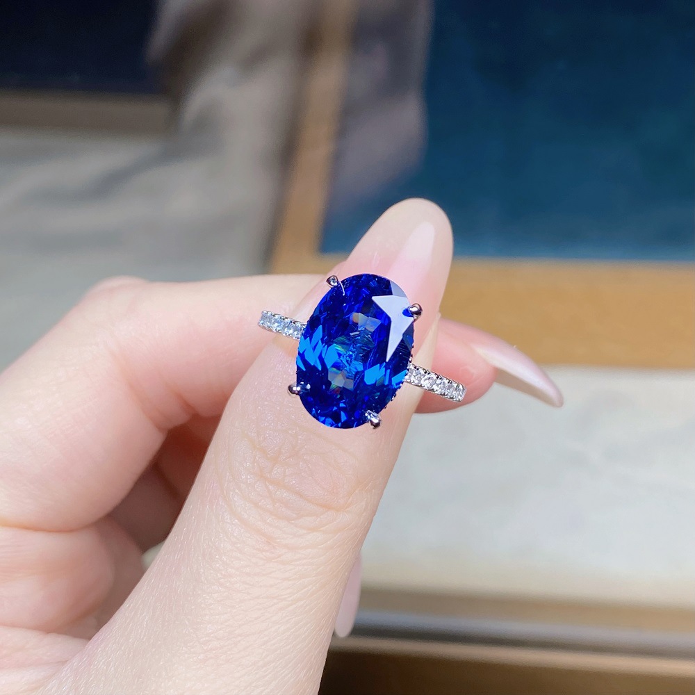 6CT oval S925 sterling silver gemstone blue crystal pink high carbon diamond princess ring personalized fashionable luxurious hand-set pigeon egg-shap