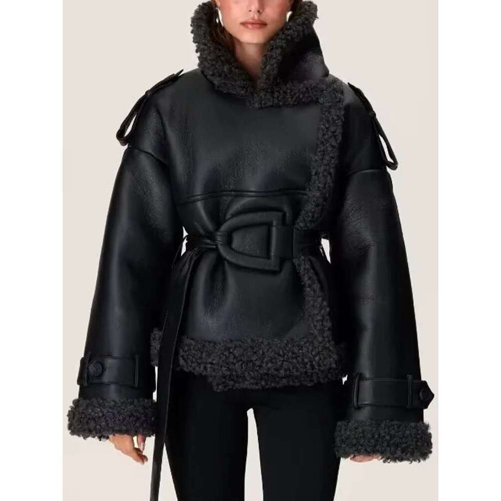 European and American style women's clothing new fashion temperament trend all-match black belt decoration lapel fur jacket