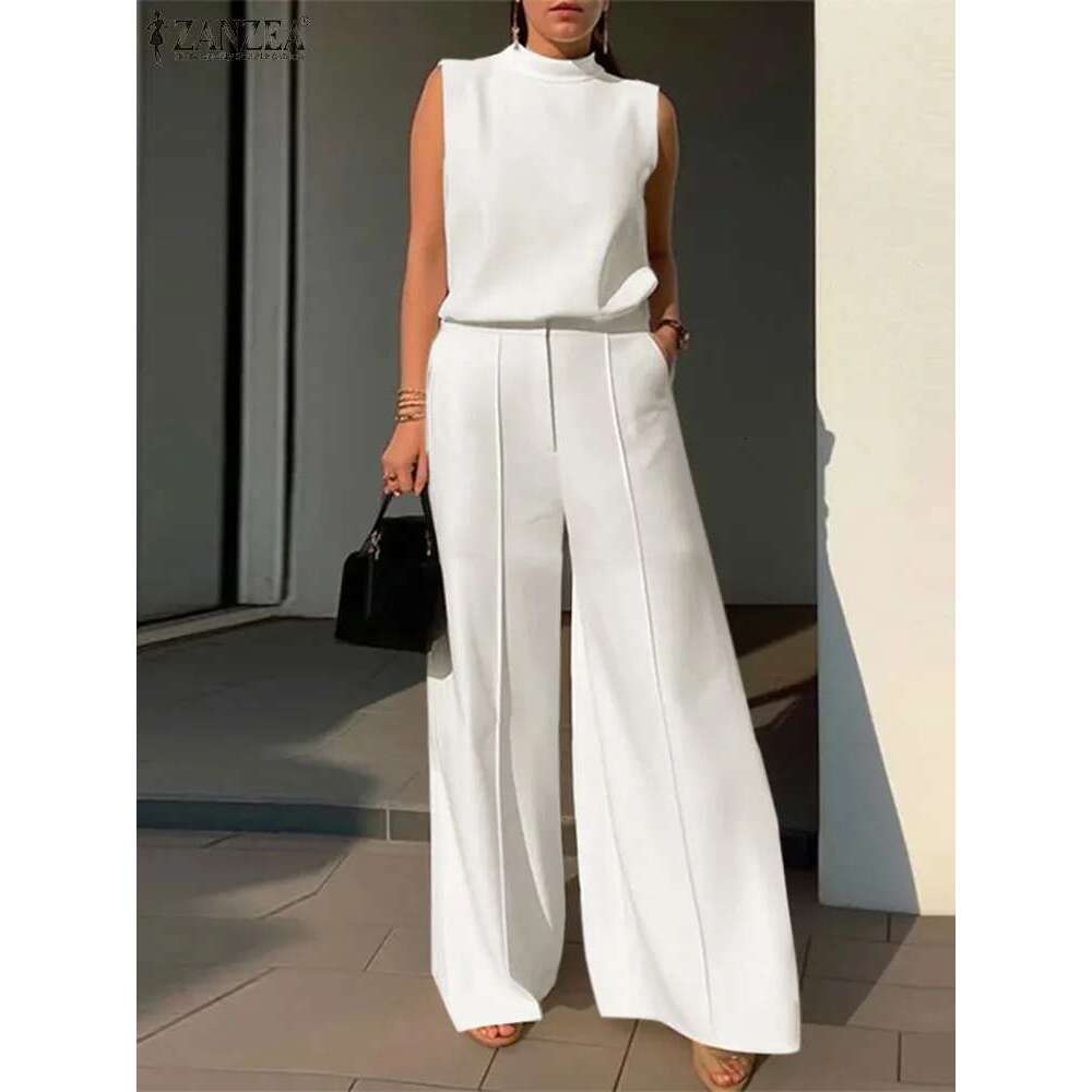 Elegant Women OL Work Wide Leg Trousers Suits Solid Tracksuit 2024 ZANZEA Summer Sleeveless Blouse Casual Pants Sets 2Pcs