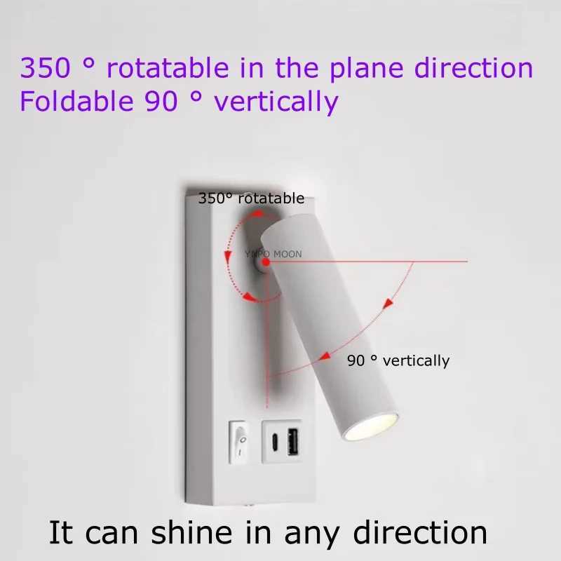 USB Charging Type-C Rotating Surface Mounted Reading Wall Light Lamp LED 5W Spot Downlight Ceiling Bedroom Hotel Study AC85-230VXJ250526