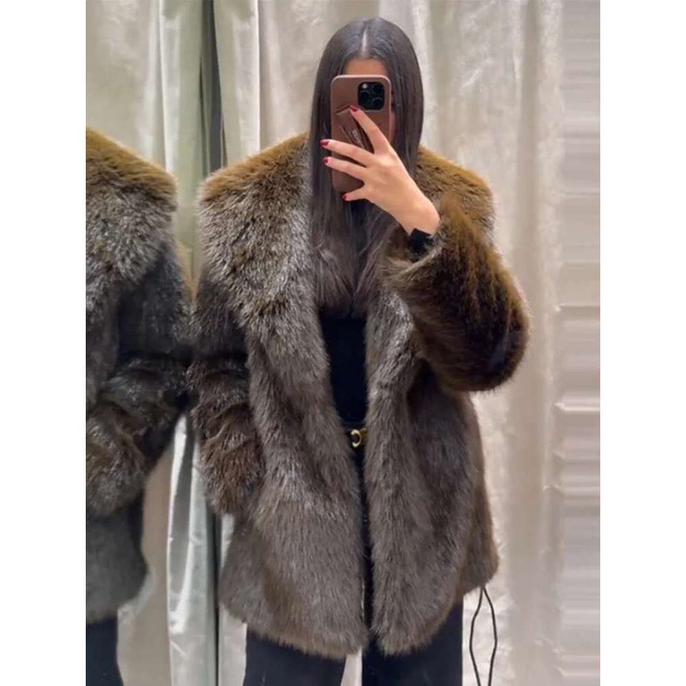 Vintage Fluffy Women's Faux Fur Coats Belt Lapel Full Sleeve Pocket Jacket 2025 Early Spring Warm Thicken Lady Outwear