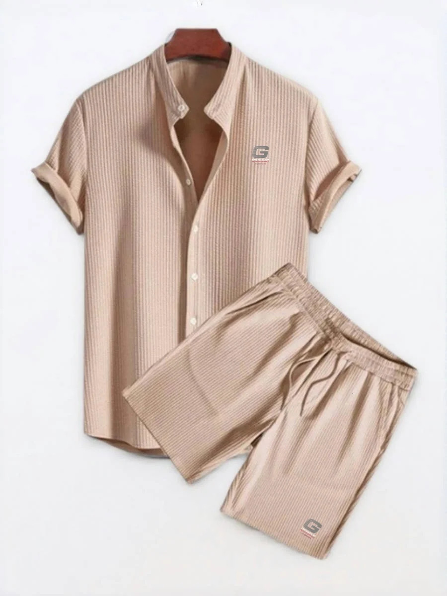 2025 Mens Casual Loose Multicolor Beachwear Corduroy Short Sleeve Shorts TwoPiece Set Hanstyle Collar Applique Top 250519