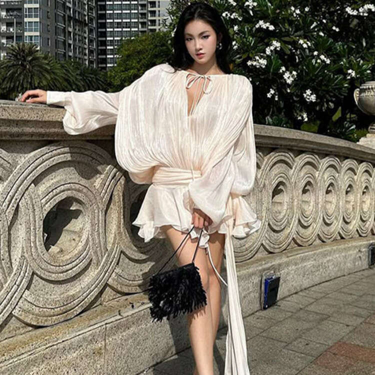 Backless Sexy Dress Spring New Lazy Style Mesh Puff Sleeve Short Dress With Pleated Ruffle Design For Women Sexy Flowy Dresses