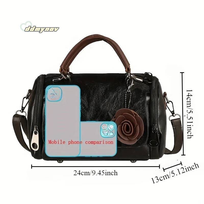 Large Vintage Boston Handbag Solid Color PU Satchel with Zipper Closure, and Flower Pendant - Perfect for Ocnal Use ddmynov