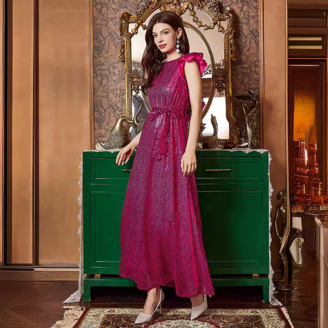 Womens sequined dress sleeveless waistband round neck mid skirt sexy dress party autumn and winter new item