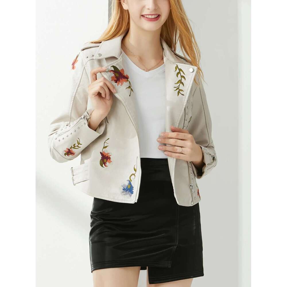 Women Rivet Floral Embroidery Coat Lady Moto Biker Black Punk Jacket Faux PU Leather Outerwear
