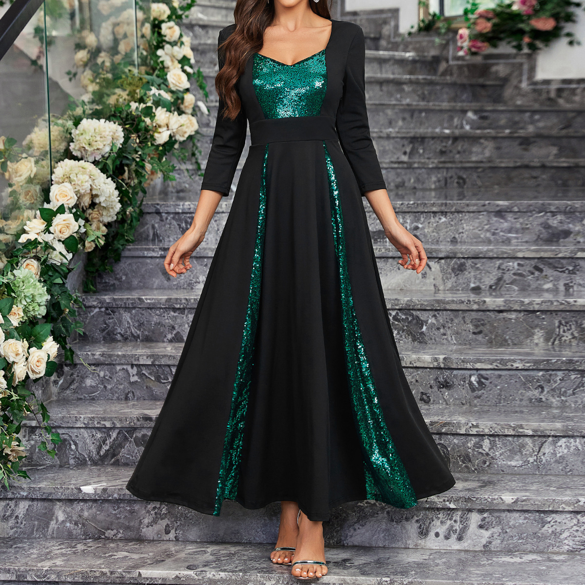 Womens new elegant sequin party cocktail party ball dress medium to long style