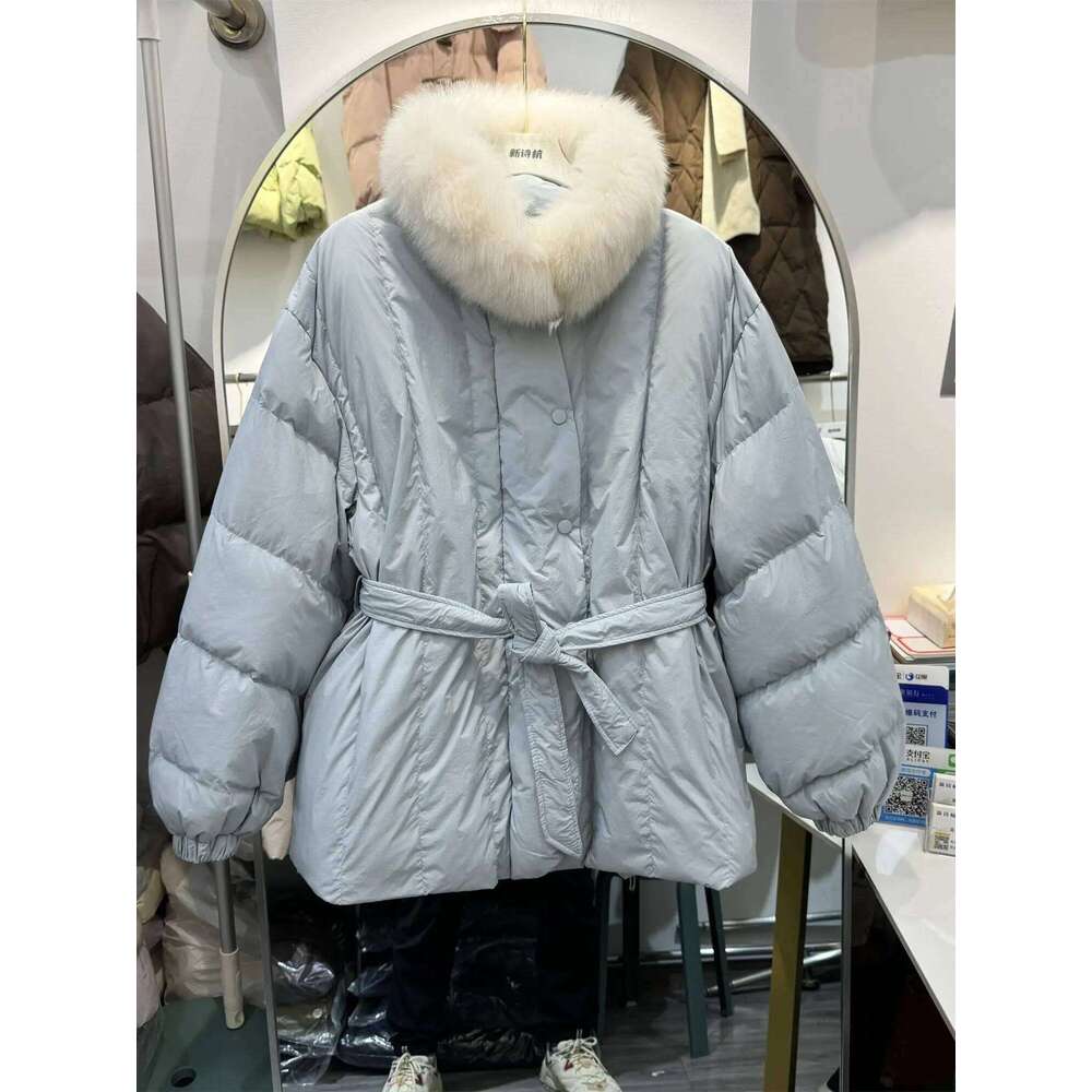 2024 New Solid Color Jacket Women's Korean Version Scarf Fur Collar Thickened White Duck Down Winter Coat Strap Waist