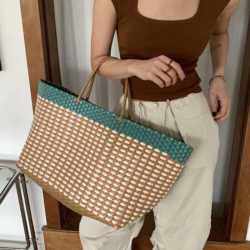 Hylhexyr Woman Beach Bag Color Block Large Capacity Vegetable Basket Tote Bags Hand Woven Handbag bag