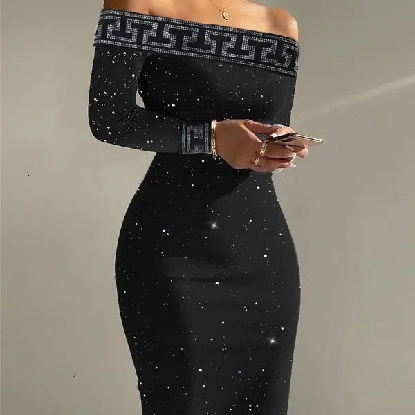 Womens new autumn and winter long sleeved slim fit sequined dress with sexy temperament one shoulder mid skirt
