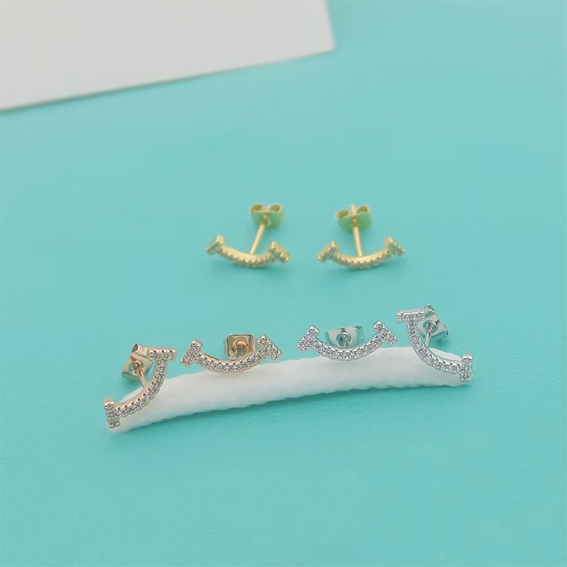 Classic brand smiley face T Stud earrings luxurious full diamond crystal earrings designer fashionable S925 silver earrings for women's jewelry