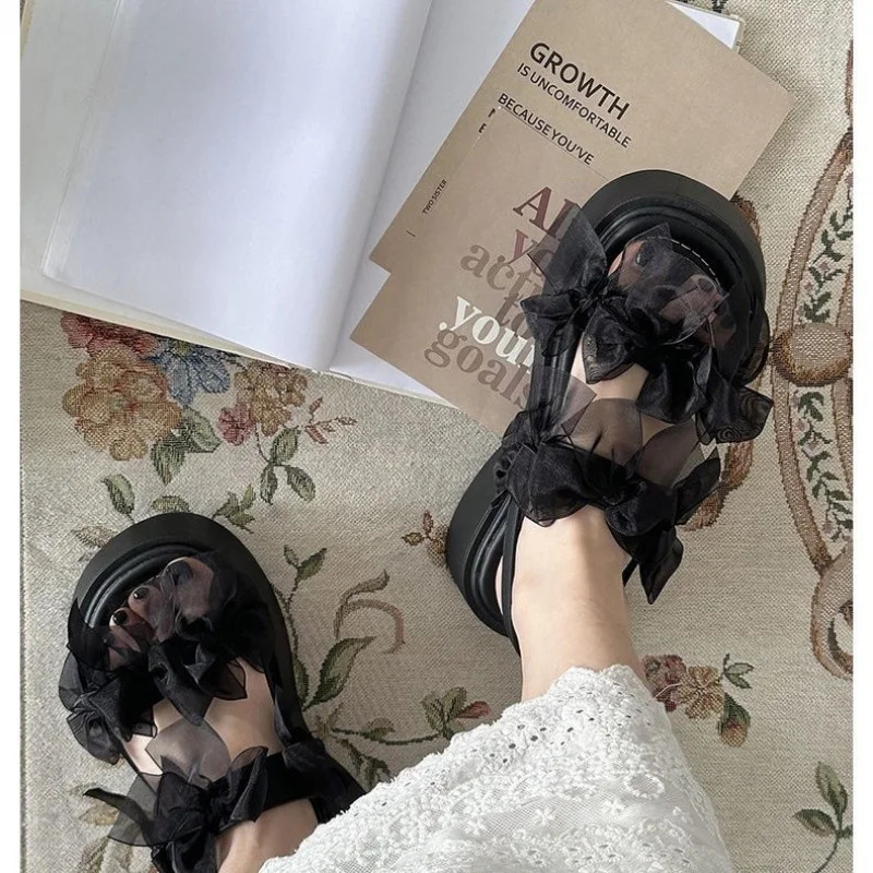 Womens Layered Bow Platform Sandals Thick Cushioned Sole with Adjustable Ankle Buckle for Summer Casual Wear 250526