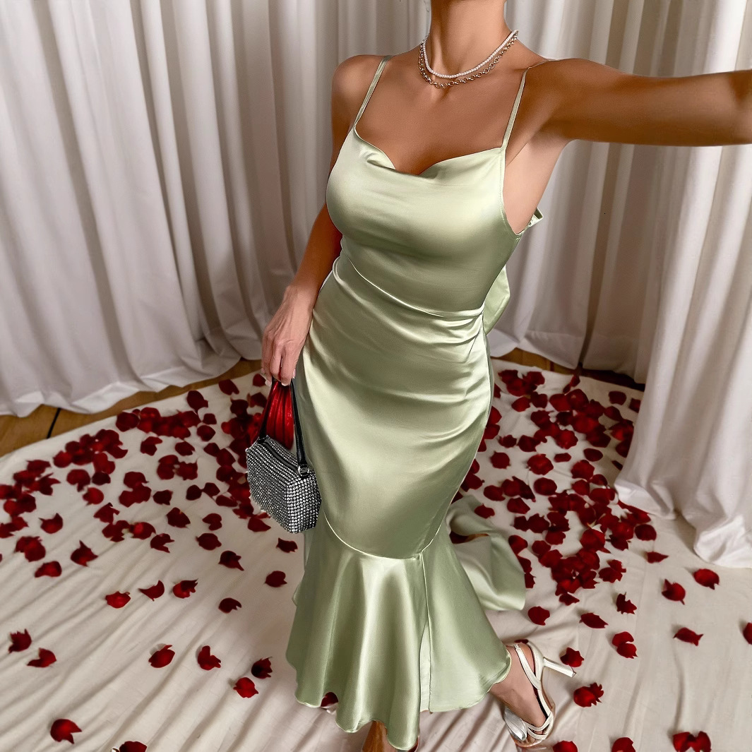 2025 ruffled satin dress for womens new light luxury niche new French fishtail dress