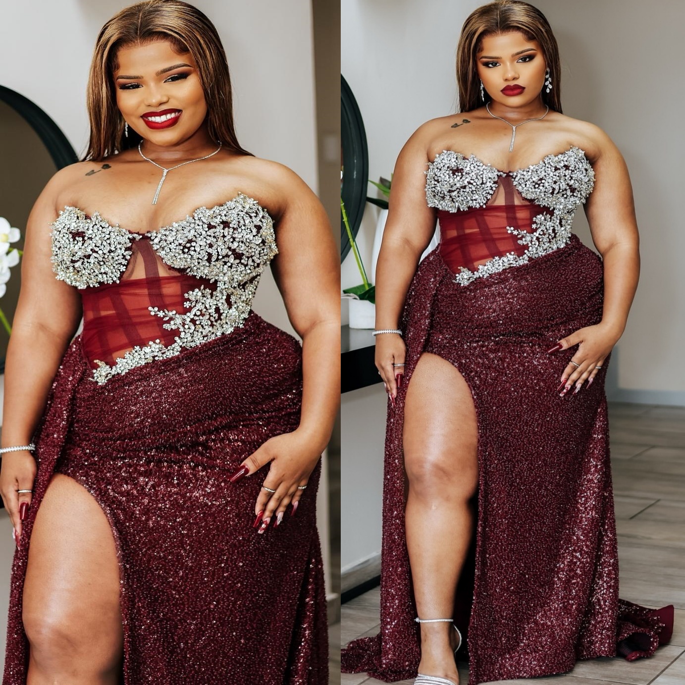 Burgundy Sheath Prom Dresses 2025 Beaded Crystals Sequined High Split Evening Formal Party Second Birthday Engagement Gowns Plus Size Dress For Specia