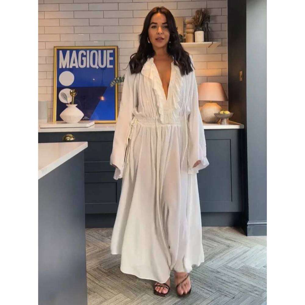 Sexy Deep V-neck Dress Women Elegant Full Flare Sleeve Loose Female Long Dresses 2025 Spring Summer White Ruffle Lady Party Robe