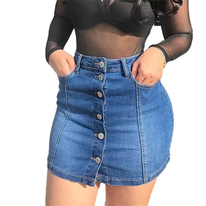 Fashion Singlebreasted Splice Wrap Hip Skirt Women High Waist Slim Fit Denim Halfbody Dress Female Office Casual Wear 250516Z