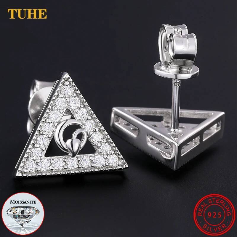 Trendy Test Passed Moissanite Dia Triangle Stud Earrings for Women Real Sterling Sier Fine Wedding Party Jewelry Gifts