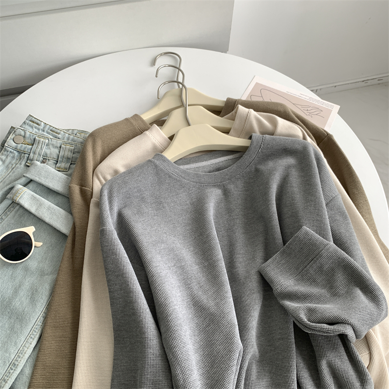 PLD1054 Loose Casual Round Neck Loose Sweatshirt Women Korean Version 2023 Autumn Solid Color Round Neck Shirt Top