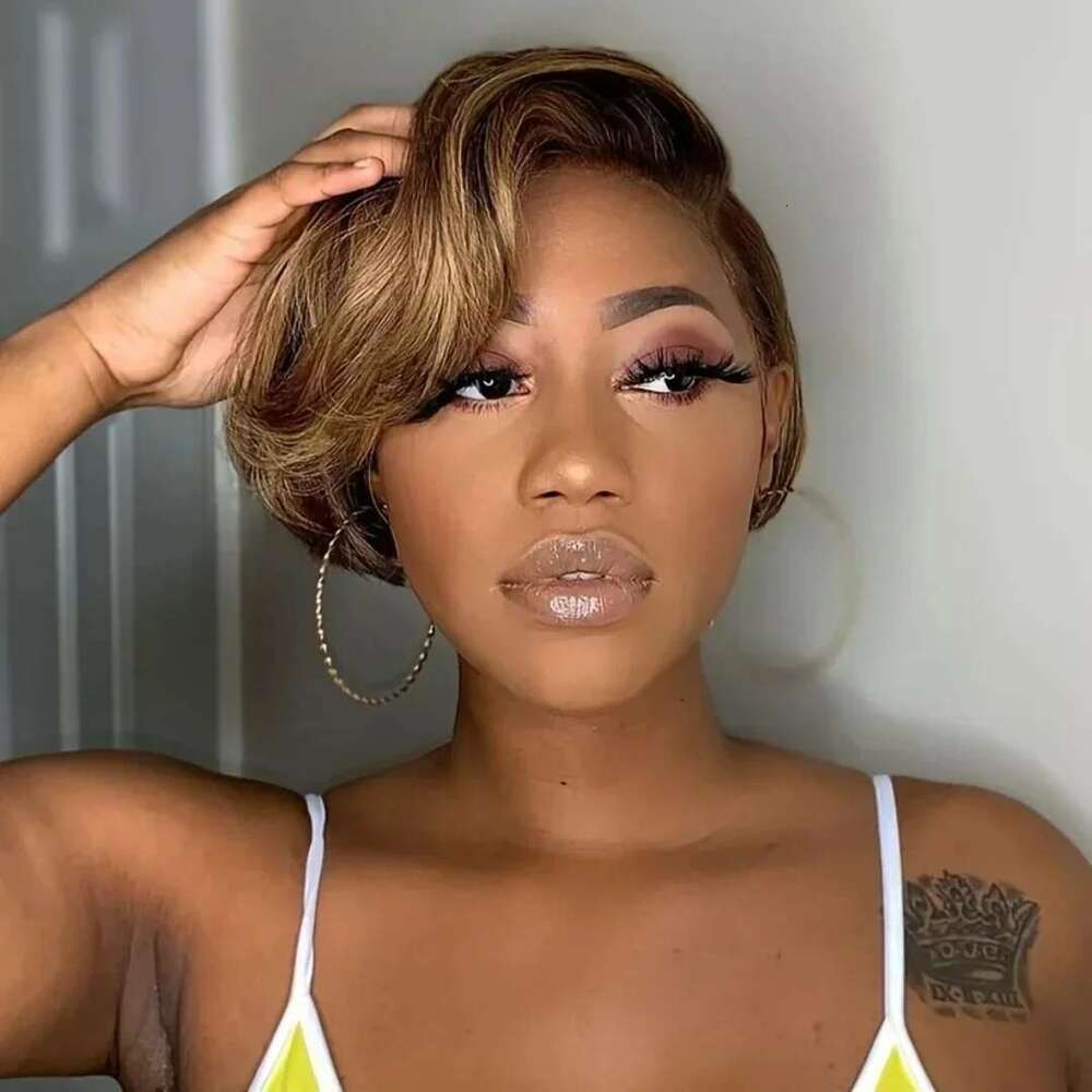 Highlight Color 13x4 Frontal WIgs Lace Pixie Cut Human Hair Short Bob Wig Orange for Black Wome