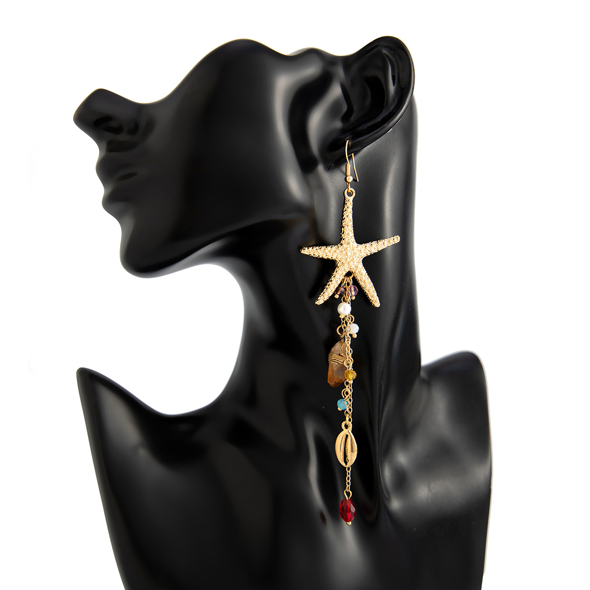 European and American Cross border Ocean themed Ins style Metal Starfish and Jellyfish Studs with Bohemian Imitation Pearl and Crystal Tassel Earrings