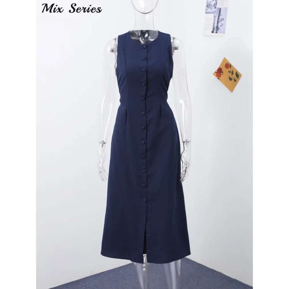 Elegant Sleeveless Long Dress Women's Slim Solid O-Neck Single Breasted A-Line Dresses 2025 Summer New Ladies Fashion Robes