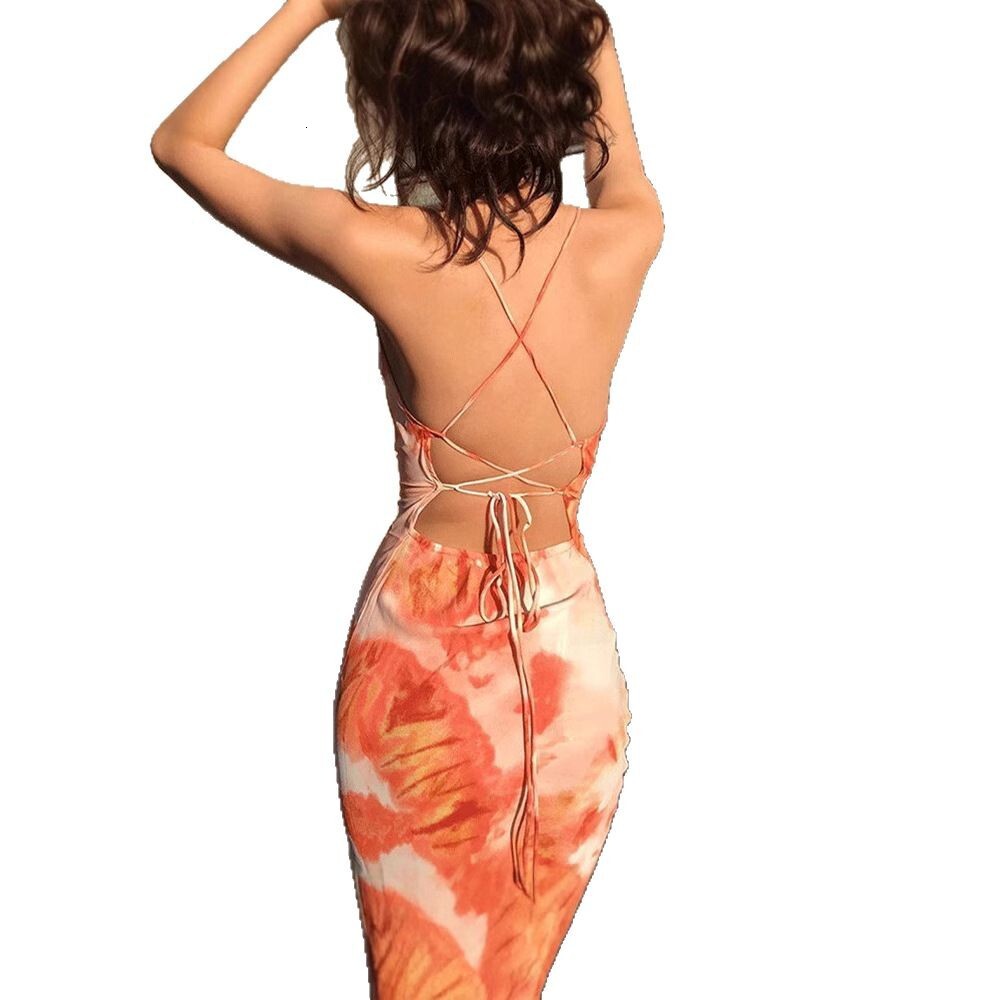 2025 womens summer new print tie dye backless strap long dress for women