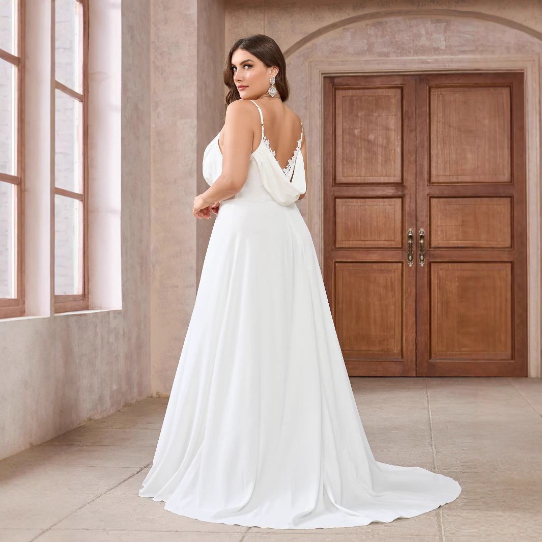 Simple satin lace camisole bow long floor length wedding dress