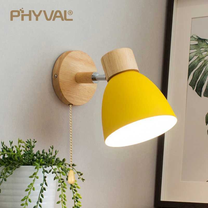 Wooden Nordic Wall Lamp With Switch Modern Wall Sconce For Bedroom Living Room Home Lighting Macaroon 6 Color Steering Head E27XJ250526
