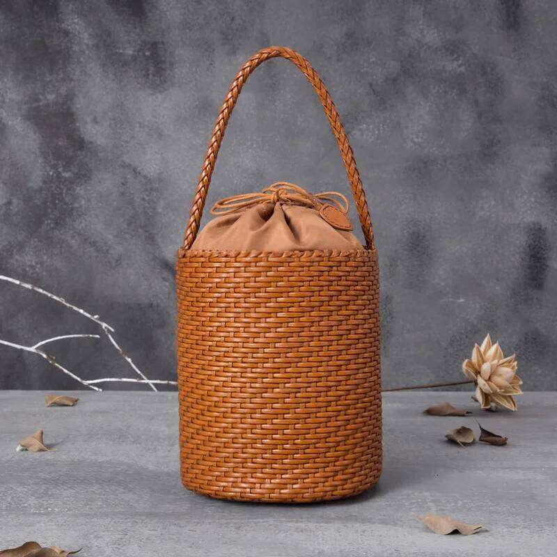 Genuine Leather Women Shoulder mall ethnic style round bucket Vintage Tote Bag Cowhide hollow woven bag
