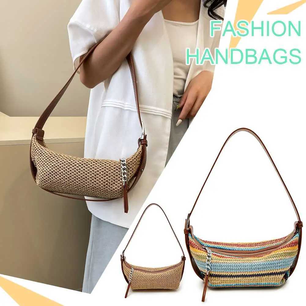 Women Straw Dumpling Bag Adjustable Strap Vintage Shoulder Bag Contrast Color Retro Straw Sling Bag Ladies Summer Daily Bag W250524